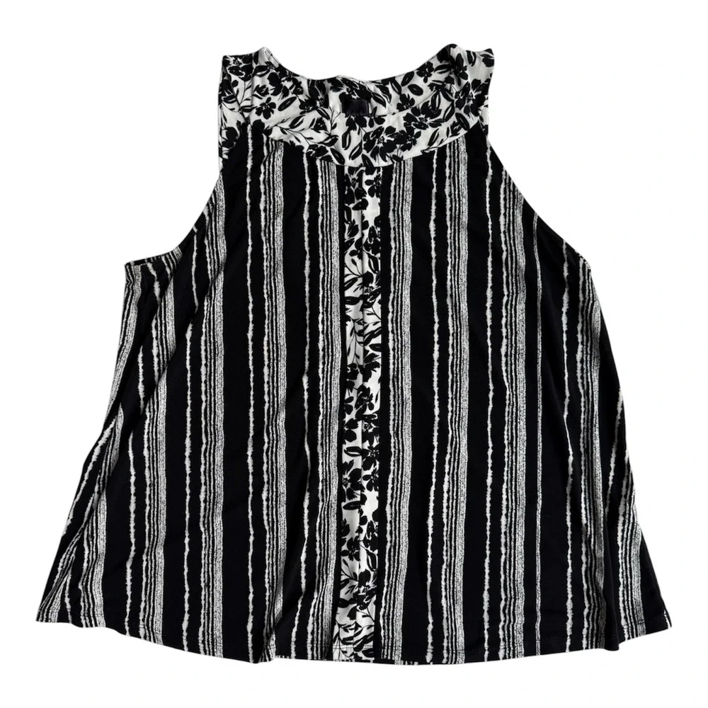 Rafaella Black‎ White Stripe Floral Mixed Media Halter Blouse Tank Top L
